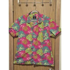 Massive Men's Pink Green Leaf & Flamingo Short Sleeve Button Down Shirt,Size L